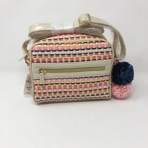 Camera Woven Pompom Crossbody Bag